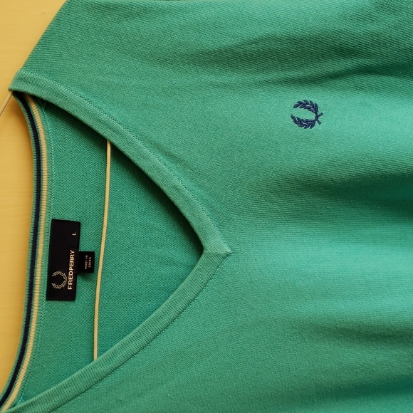 Fred Perry Men's V-neck Teal Sweater 100% Cotton Size: L - Picture 3 of 5